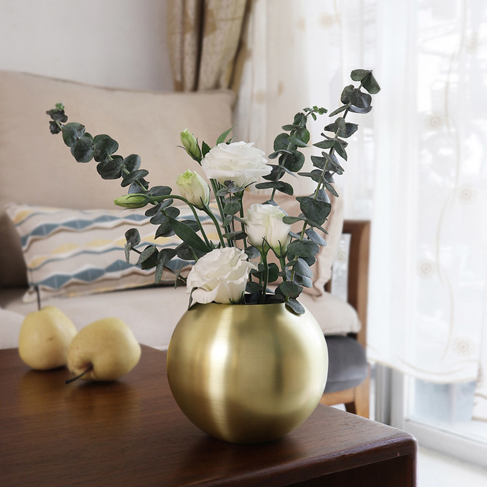 Stainless Steel Vase Unbreakable Metal Flower Vase Home Decor Living Room Decoration Round Polished Flowerpot Minimalist Crafts