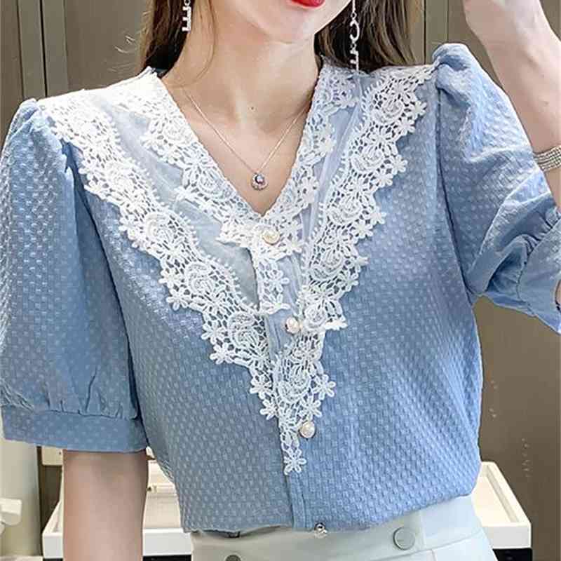 Summer Women Korean Fashion V-Neck Short-sleeved Casual Blouses Shirts White Sky Blue Lace Decoration Office Lady Elegant Tops 210515