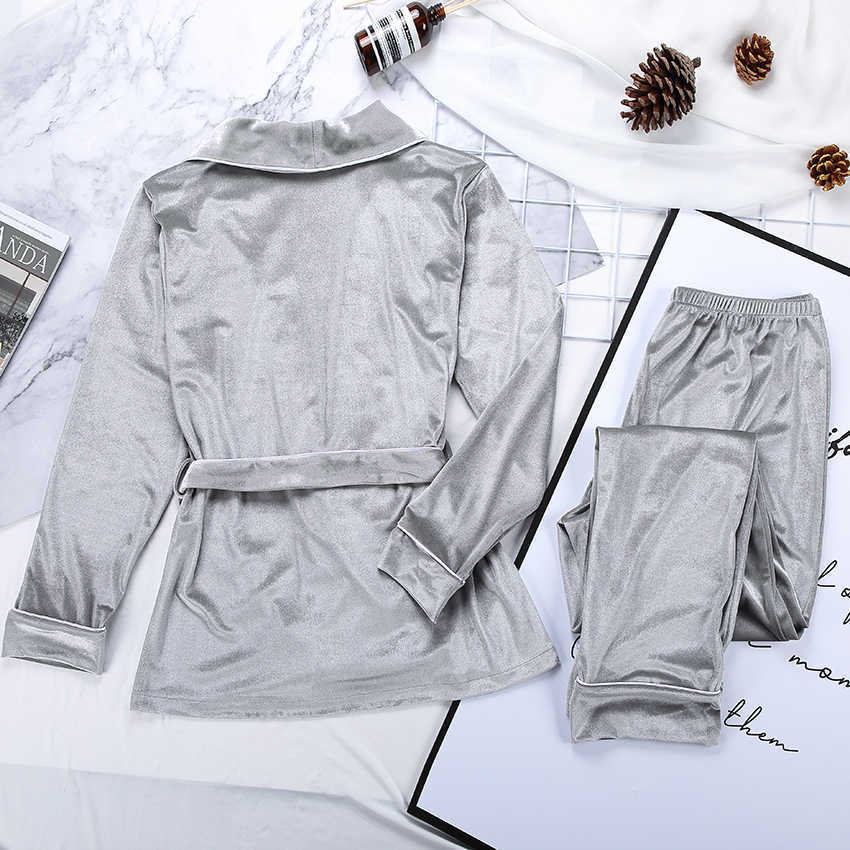 Velvet Warm Pajamas For Women Robes And Pants Solid Pocket Long Sleeve Thick Home Wear Autumn Night Suit Winter Casual 211007