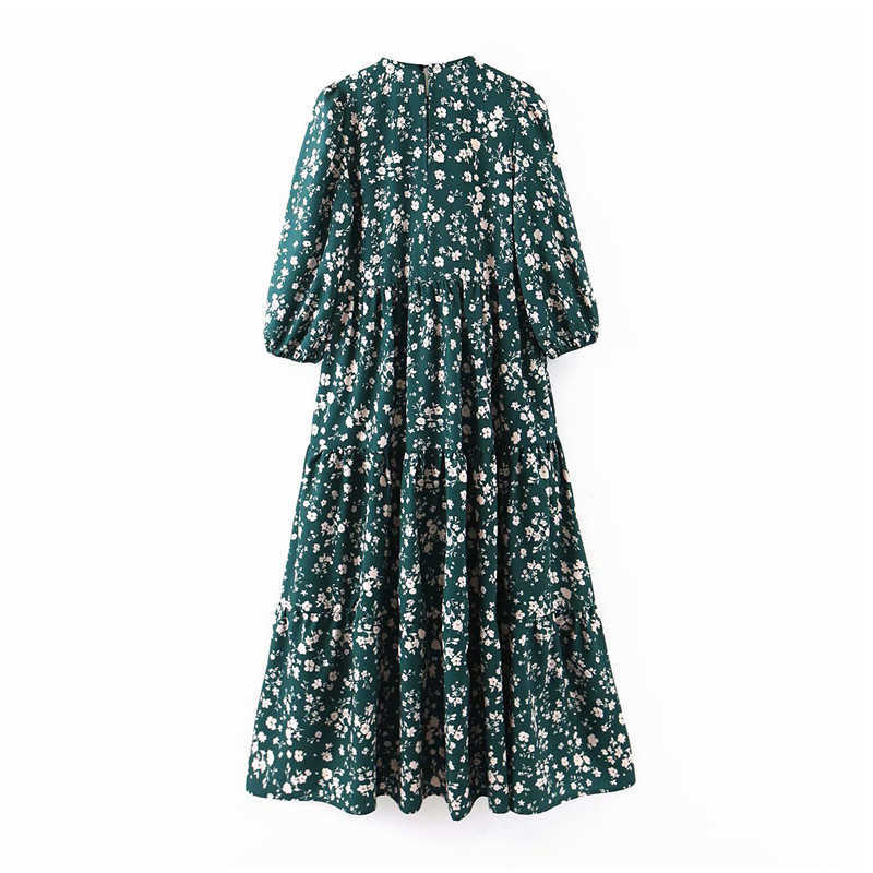 Vintage chic floral pattern print dress Bust elastic O neck long sleeve casual wear stylish chic green midi dresses vestidos 210630