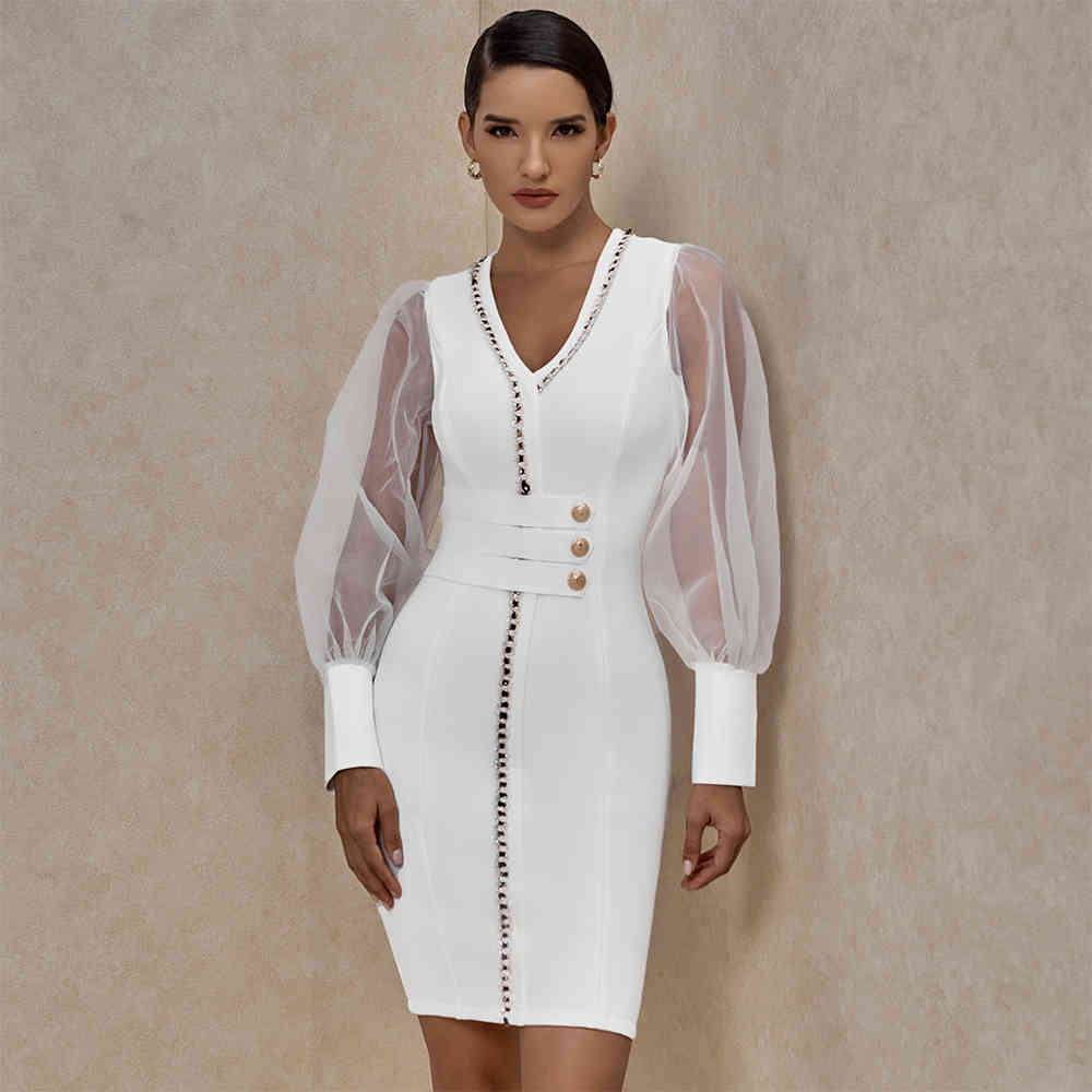 Ocstrade Bandage Dress Long Sleeve Party Dress New Arrival Fall Winter Mesh Sexy White Outfits for Women Bodycon Dress Club 210409