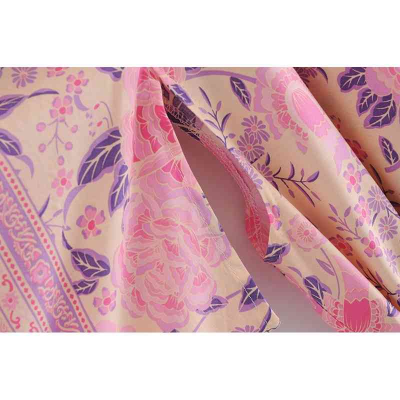 Bohemia V neck Pink Flower Print Maxi Long Kimono Cardigan Ethnic Women Tie Bow Sashes Shirt BOHO Loose Blouse Tops Holiday 210429