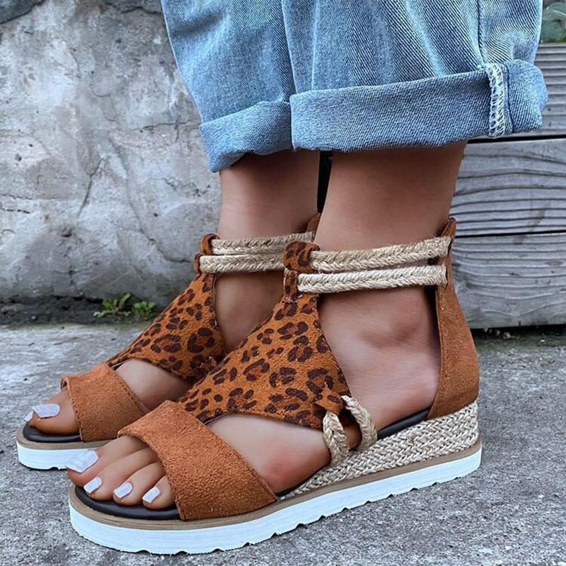 Sandals Summer Shoes Women Ladies Leopard Wedge Heel Open Toe Casual Flats Female Roman Style Plus Size 2021 Fashion
