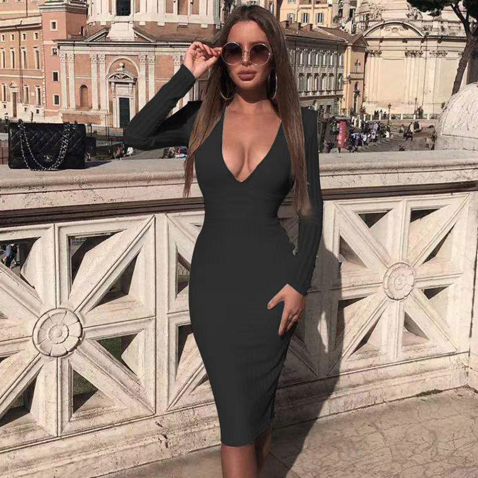 Free Women Striped Bandage Dress Sexy V-neck Long Sleeve Bodycon Knee-length Club Celebrity Party 210524