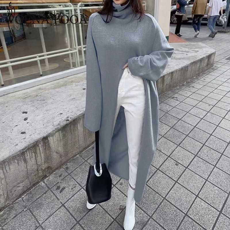 Genayooa Womens Turtleneck Pullover Sweater Long Sleeve Vintage Loose Knit Sweater Split Solid Long Jumper Ladies Korean Style 210918