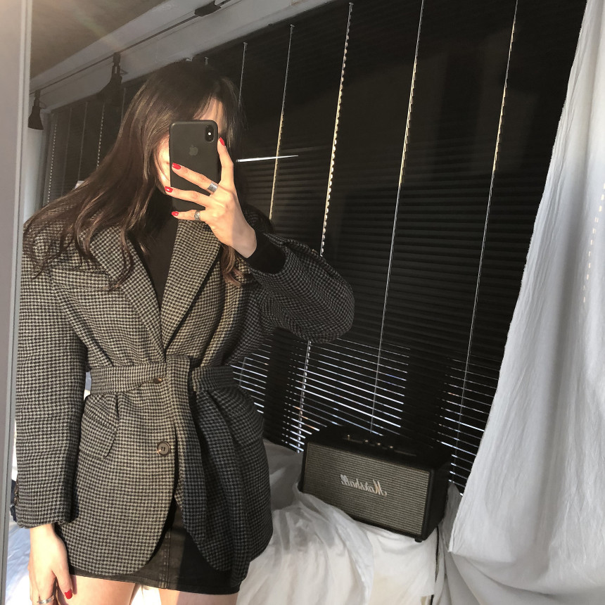 OL Classic Vintage Houndstooth Quilted Woolen Suit Blazer Jacket Autumn Winter Lace-up Formal Women Blazers Coat 210421