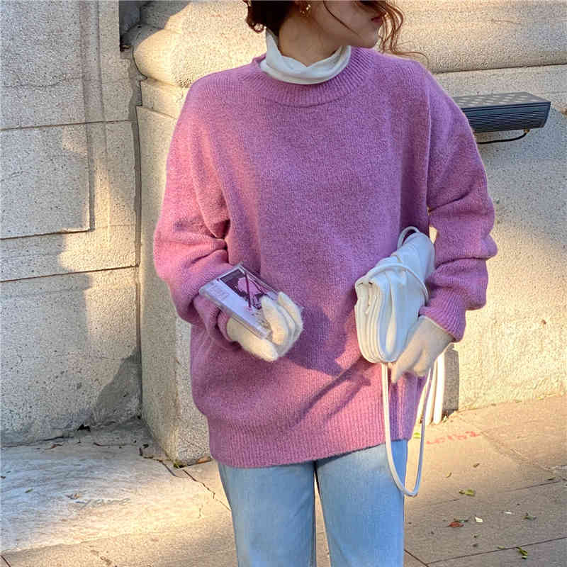 Comelsexy Spring Women Sweaters Thick Tops Pullovers Sweet Lazy Retro Chic O-neck Knitted Solid Elegant Loose Casual 210515