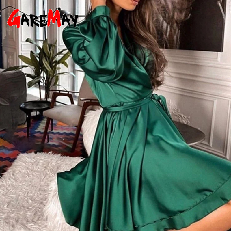 Short Dresses Elegant Long Sleeve Deep V Green Dexy Chiffon Mini Satin dress Vintage for Women Chic Casual Sundress 210428