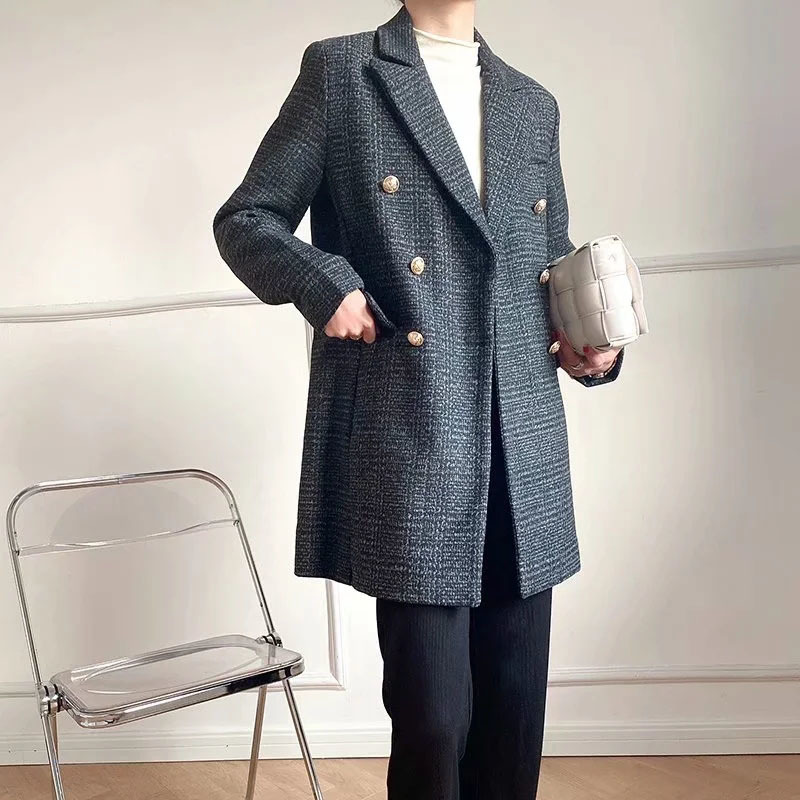 Winter Clothes Loose Temperament Retro Double-Breasted Lapel Plaid Twill Mid-Length Suit Jacket 210521