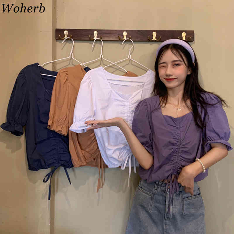 Shirt Women Chic Drawstring Fold Lace-up Sexy Blouses V Neck Short Sleeve Tops Summer Temperament Blusas Mujer 210519