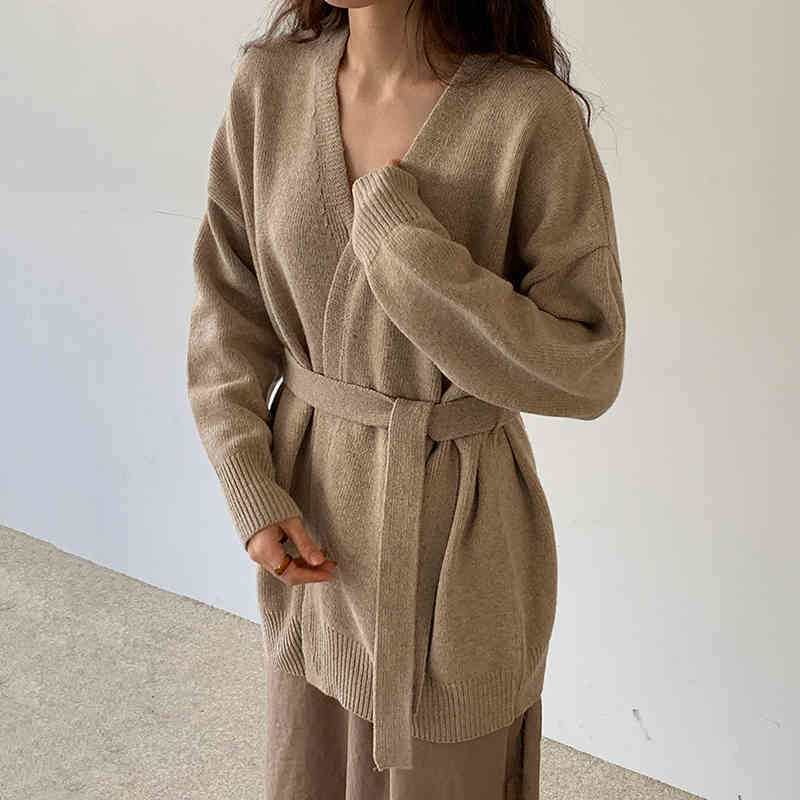 Nomikuma Autumn Winter Korean Sweater Coat Causal Belt Slim Waist Knitted Cardigan Long Sleeve V-neck Knitwear Jacket 6C678 210427