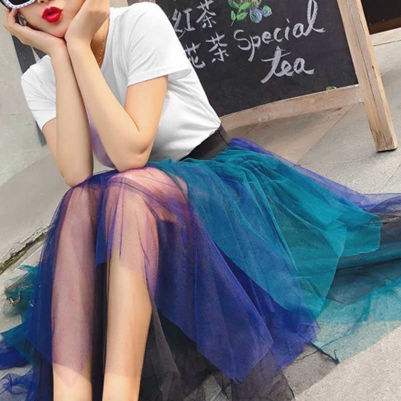 SETWIGG Spring Sweet Multi-color Tulle Patchwork Long Irregular Skirts Elastic Waist A-line Tiered Mesh Pleated Calf 210621