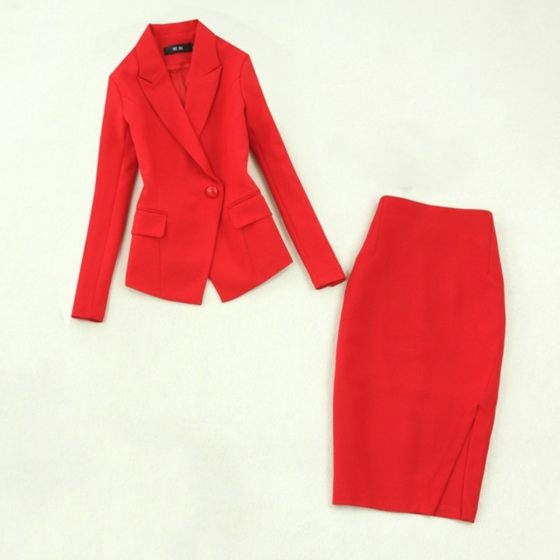 Women's suits autumn large size red long-sleeved single buckle suit fashion bag hip skirt suit two-piece suit 210708