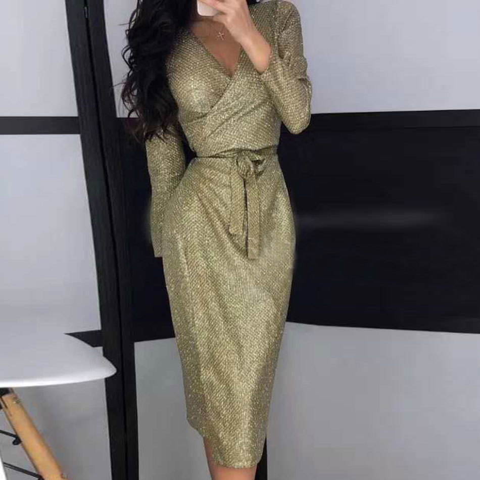 Free Women Shiny Dress Sexy V-neck Long Sleeve Bodycon Lace-Up Celebrity Club Party Knee-Length Vestidos 210524