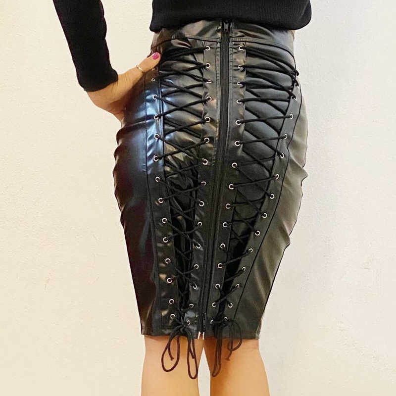 Steampunk Fashion Knee Length Skirt Lady Faux Leather High Waist s Back Zipper Bodycon Pencil for Women 210621