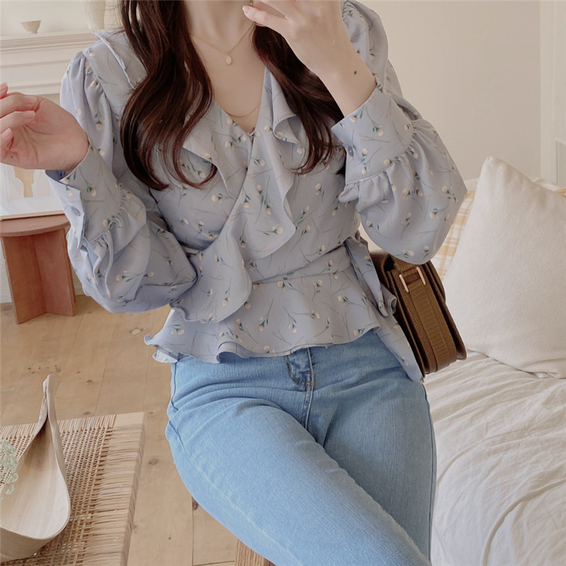 Ruffles Floral Blusas Spring Summer V Neck Vintage Chiffon Blouses Elegant Print Koreean Chic Tops 16139 210415