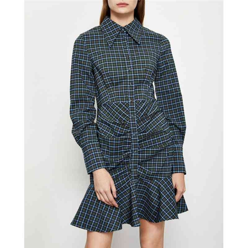 Vintage Women Dark Blue Plaid Dress Fashion Ladies Button Draped Vestidos Elegant Female Chic Asymmetric Mini Dresses 210430