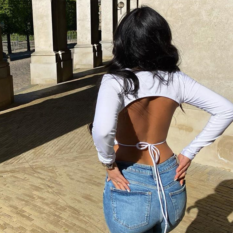 WannaThis Backless Tshirt Crop Tops Women Slim Elastic Fashion Lace up Hollow Out Women Cropped Top Summer Long Sleeve Shirts 210406
