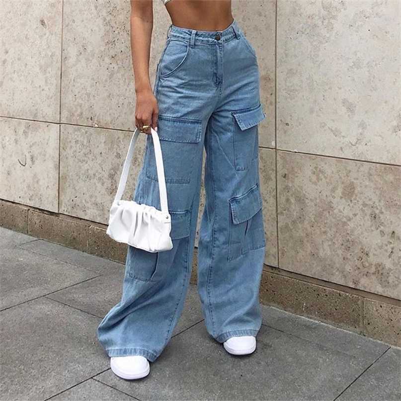 Women 90s Y2K Patchwork Wide Leg Mom Jeans Big Pocket Cargo Pants Vintage Mopping Casual Streetwear Boyfriend Denim 211129