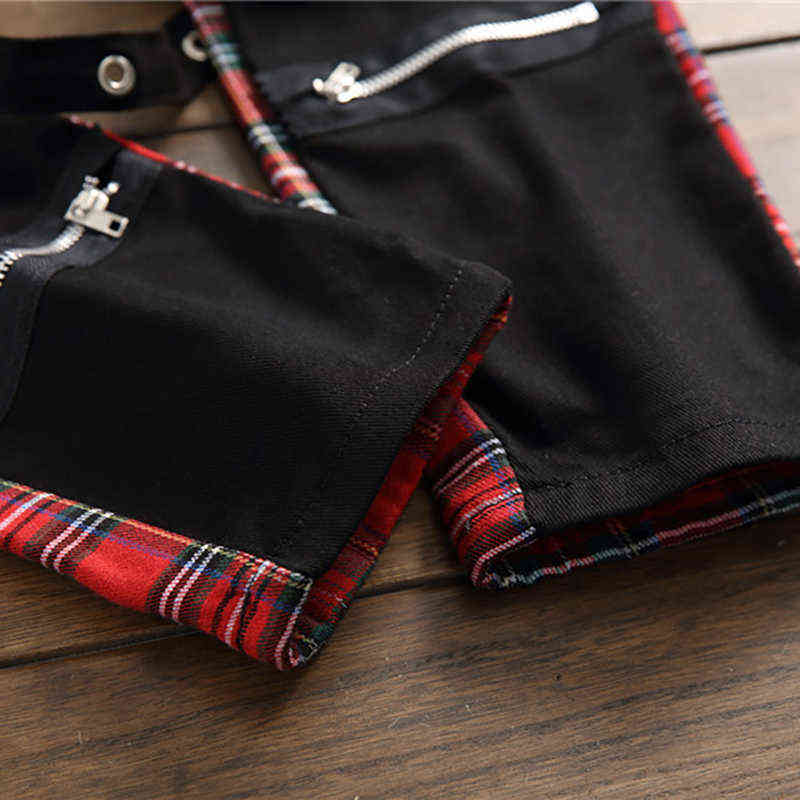 Men's Scotland Plaid Patchwork Cross Slim Straight Jeans Trendy Bandage Denim Pants High Street Fashion elasticity Size 38 211108