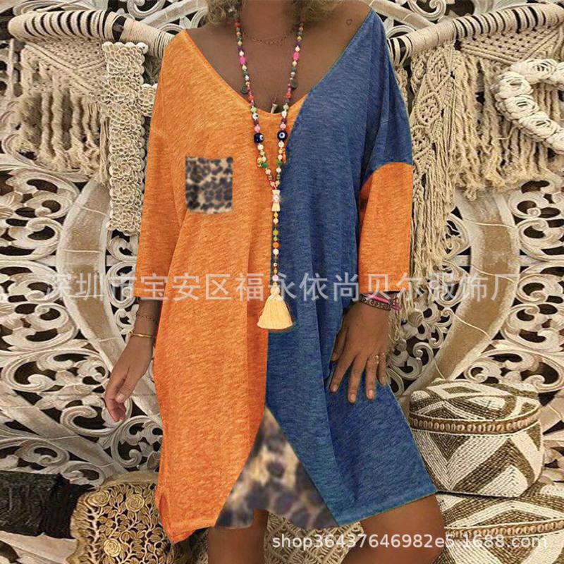 Casual Dresses Lugentolo Long Sleeve Dress Women Fashion Printed Leopard Print Stitching Irregular Pockets Loose Three-quarter