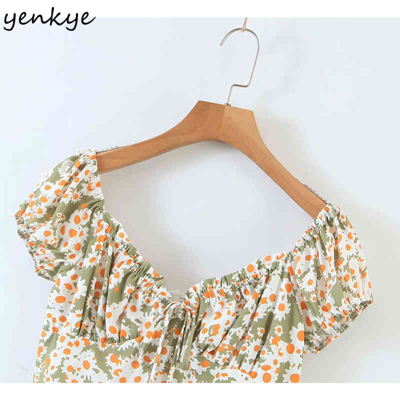 Sweet Summer Dress Women Vintage Floral Print kobieta sukienka Sexy Square Neck Short Sleeve A-line Mini Dress 210515