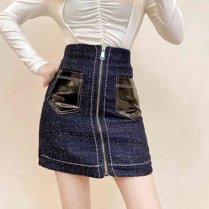 Nomikuma High Waist Woolen Mini Skirts Spring New Zipper Slim Sexy Women Skirt Causal Pockets Patchwork Faldas Mujer 6E476 210427