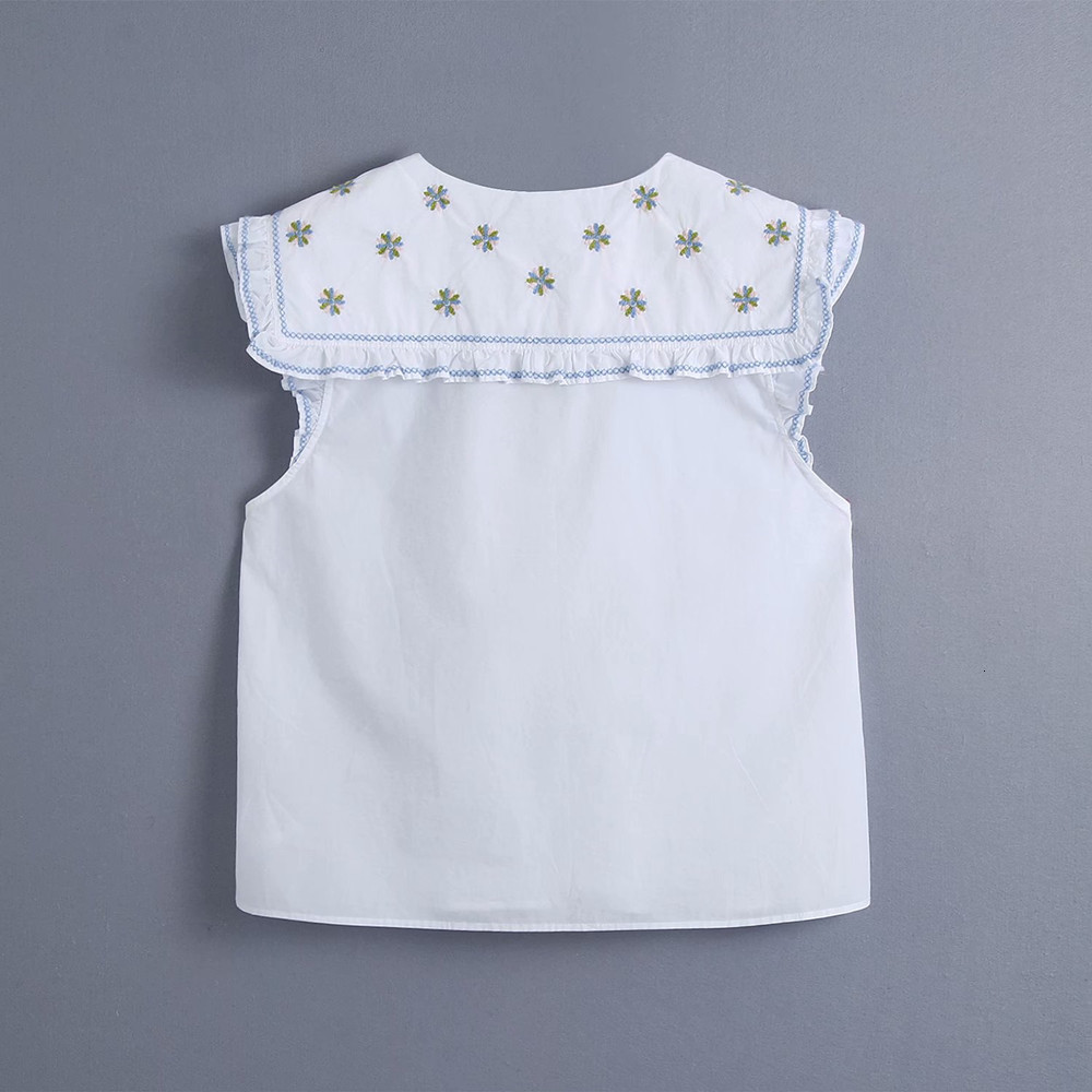 Women's Blouses & Shirts 2021 za summer fashion decorative laminate sleeveless lapel embroidered poplin female shirt, White
Women's Blouses & Shirts 2021 za summer fashion decorative laminate sleeveless lapel embroidered poplin female shirt, White