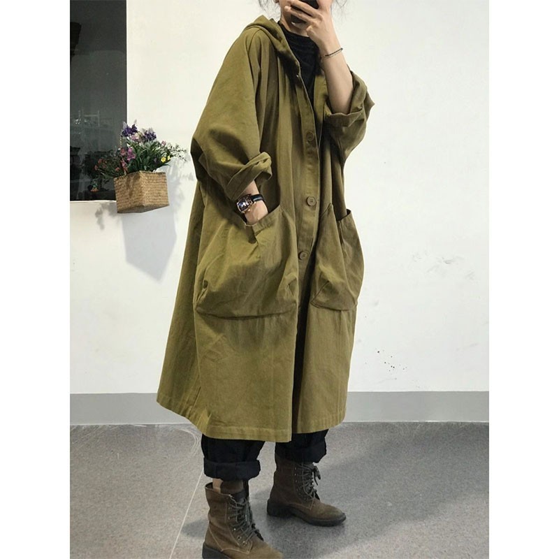 Autumn Korea Fashion Women Loose Hooded Trench Coat All-matched Casual Single Breasted Long Femme M593 210512