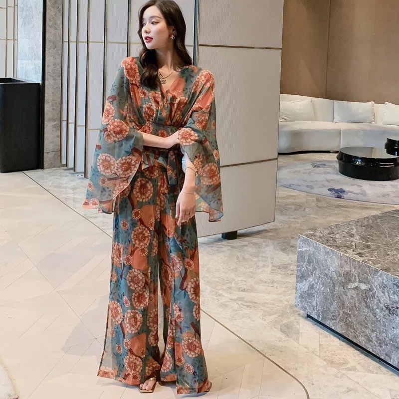 Womens Sets Two Piece Boho Chic Floral Beach Holiday Wide Leg Pants + V-neckTop Set Vintage Outfits For Women 210421