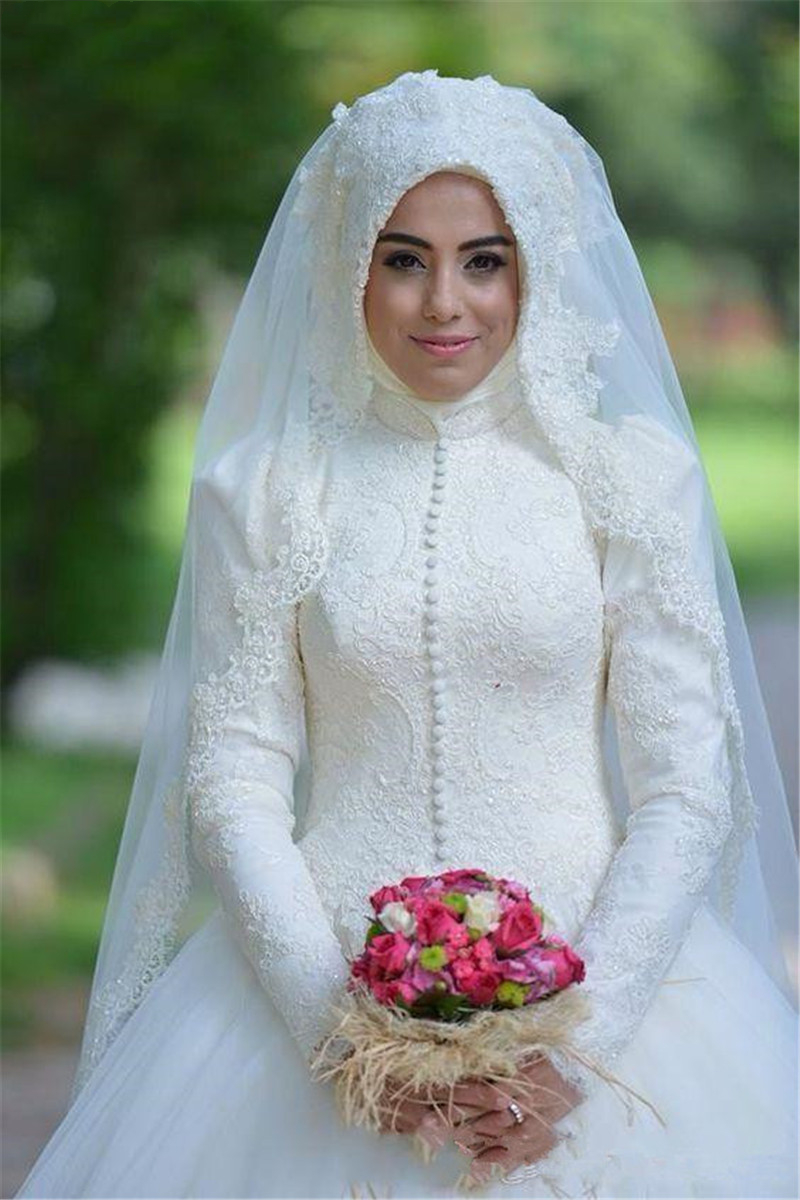 Vintage Muslim Ball Gown Wedding Dresses Long Sleeves High Neck Floral Lace Flower Bridal Gowns Saudi Arabia Islamic Wedding Dress Without Hijab