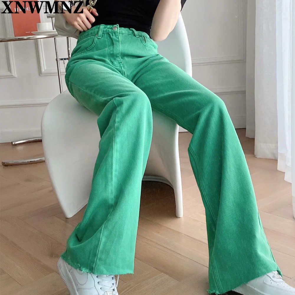 XNWMNZ Fashion Women Summer Green Denim Jeans Pants Trousers High Waist Lady Wide Leg Pantalon high quality 210922