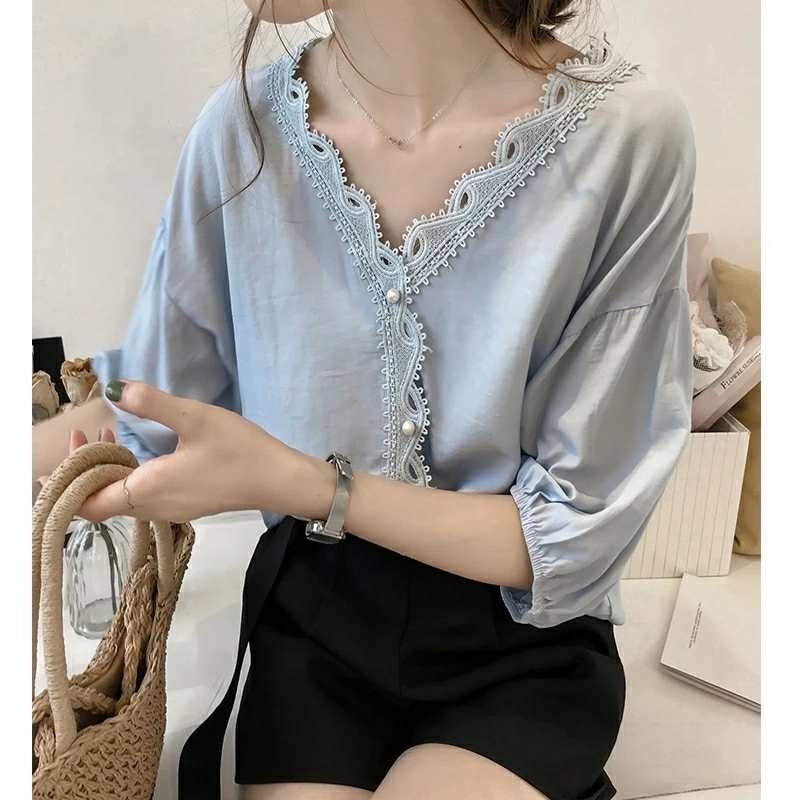 summer women fashion clothing tops lace solid sweet style v-neck casual blouses shirts 0340 40 210506