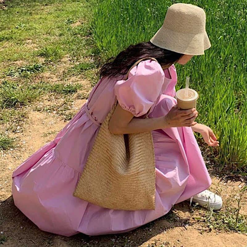 Korean Chic Summer Dresses Women Pleated O-neck Puff Sleeve Vestidos Femme Bow Tie Slim Waist A-line Dress 6H224 210603