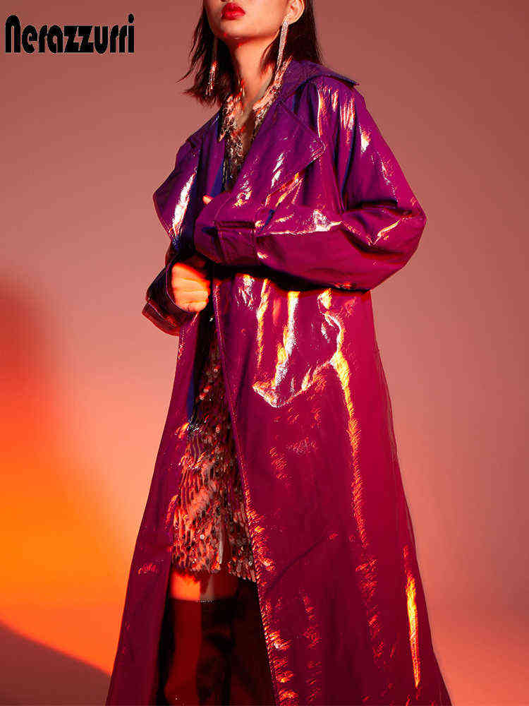 Nerazzurri Spring purple shiny womens patent leather trench coat belt raglan sleeve Oversized soft runway long coat women 211119