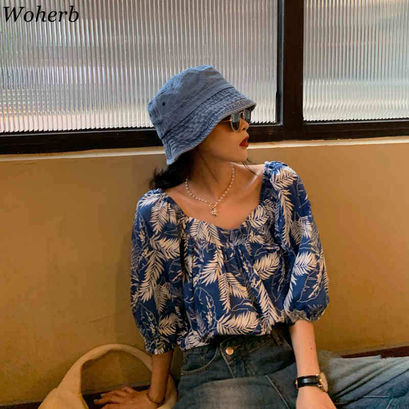 Leaf Printed Chiffon Shirt Women Square Collar vintage Blouses Loose Puff Sleeve Korean Tops Slim Thin Temperament Blusas 210519