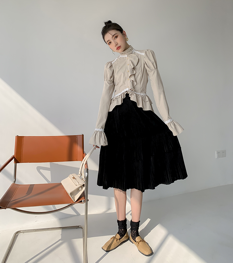 Court Ruffle Flare Sleeve Tops Button Up Turtleneck Shirt Women Khaki Long Ladies Blouse Clothing 210427