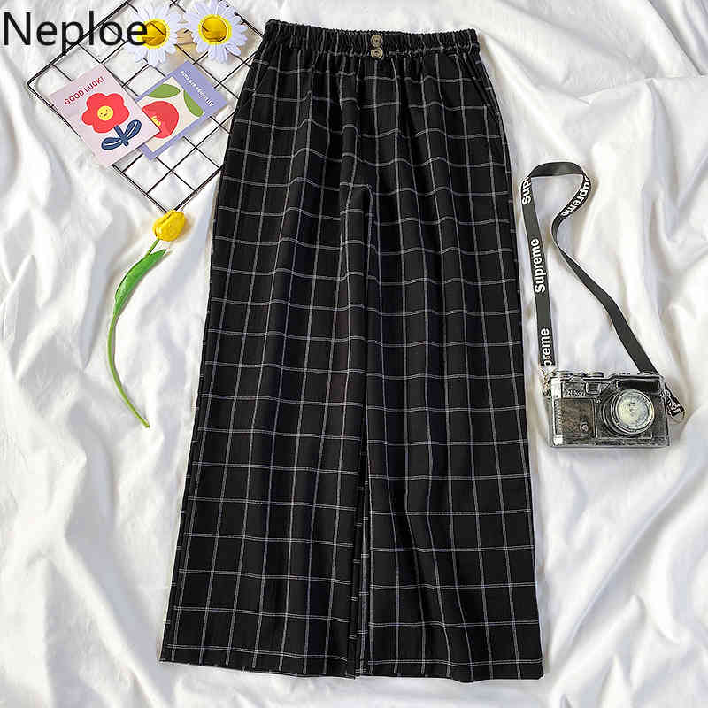 Neploe Fashion Wide Leg Pants High Waist Plaid Casual Cotton Linen Trousers Streetwear All-match Loose Korean Sweatpants 210422