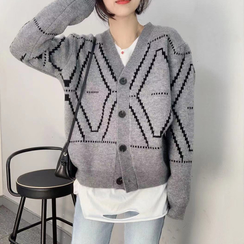 Knitted Cropped Cardigan Women Spring Autumn Korean Style Red Argyle Long Sleeve Female Sweater Knitwear Short 210421