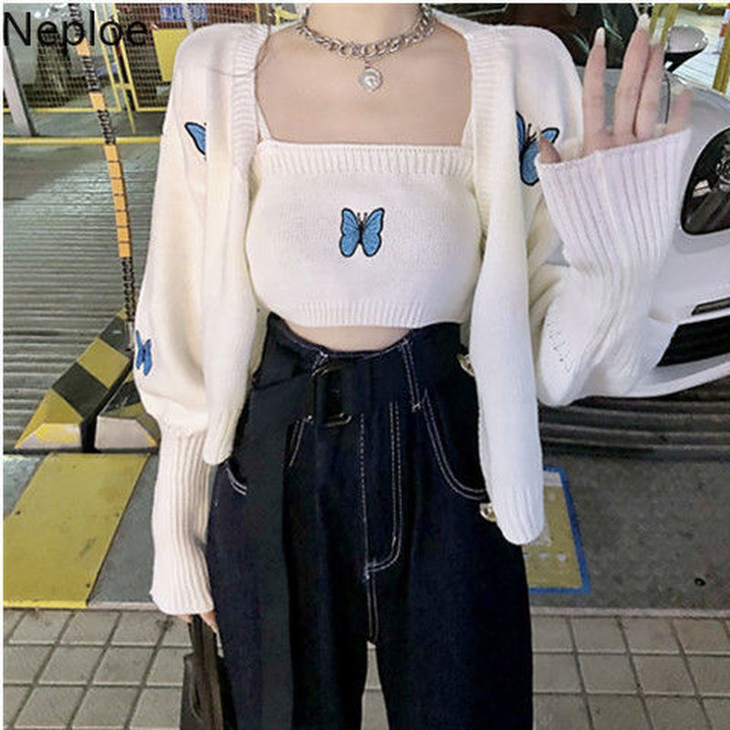 Neploe Women Sets Casual Butterfly Embroidery Sling Coat Two-piece Suit Korean Kawaii Knitted Suit Cropped Outfits for Women 210422