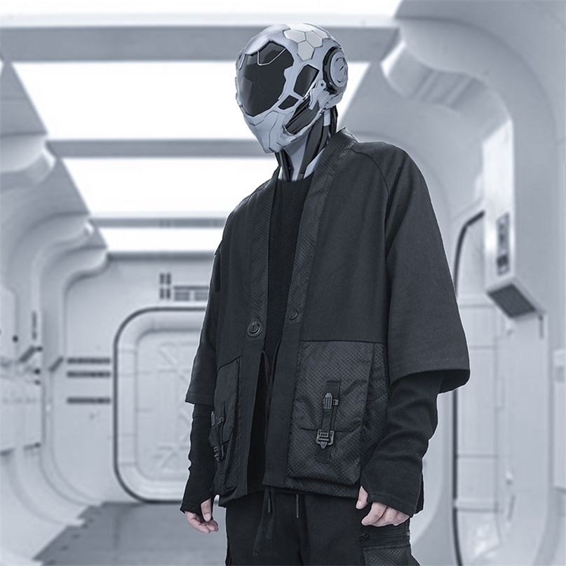 SILENSTORM Techwear Men's Pocket Black Kimono Cargo Robe Hip Hop Style Punk Fashion 210819