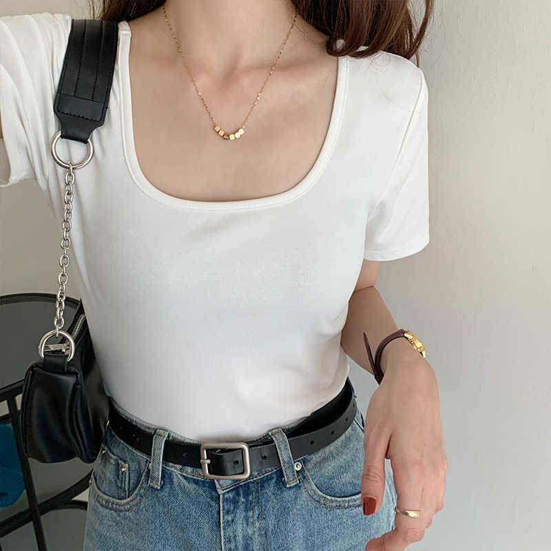 Elegant Square Collar Dew Clavicle Solid Crop Top Summer Simple All Match Short Sleeve Tshirt Women Chic Slim Bottoming Tee 210525