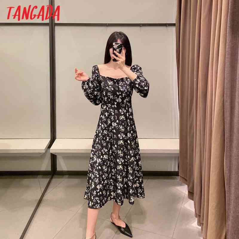 Fashion Women Flowers Print Puff Long Sleeve Square Collar Casual Female Midi Dress 2W75 210416