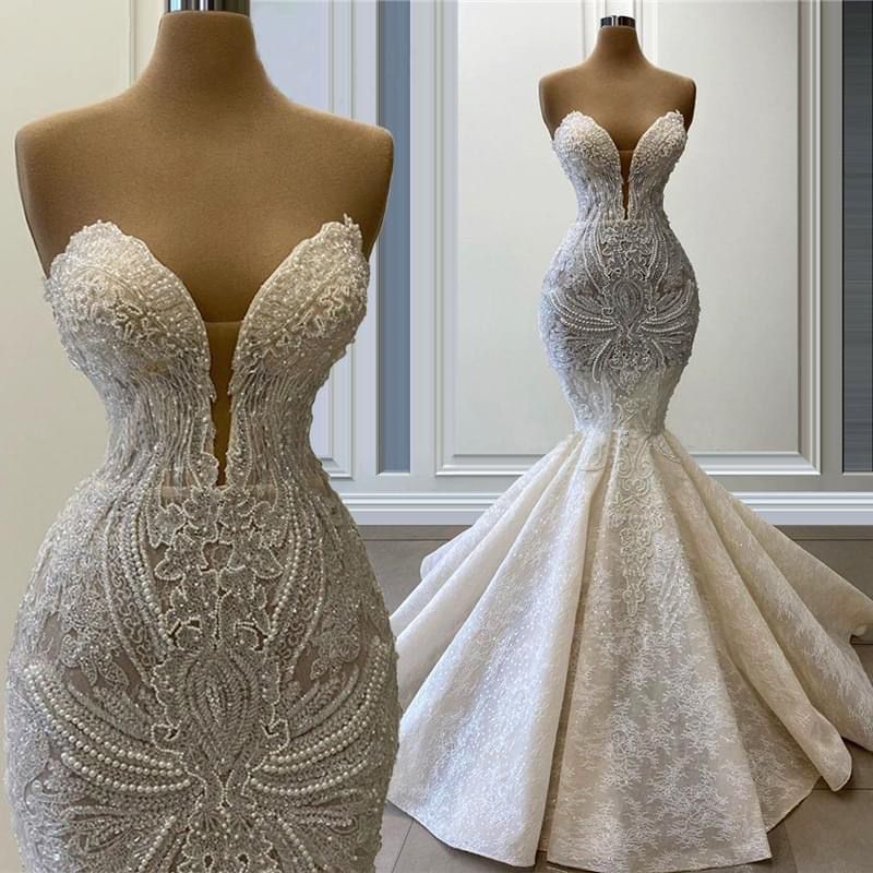 Elegant Mermaid Wedding Dresses Handmade Beading Lace Bridal Gowns Sweetheart Floor Length Second Reception Dress, White
Elegant Mermaid Wedding Dresses Handmade Beading Lace Bridal Gowns Sweetheart Floor Length Second Reception Dress, White