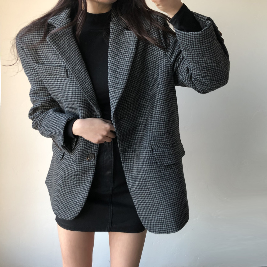 OL Classic Vintage Houndstooth Quilted Woolen Suit Blazer Jacket Autumn Winter Lace-up Formal Women Blazers Coat 210421