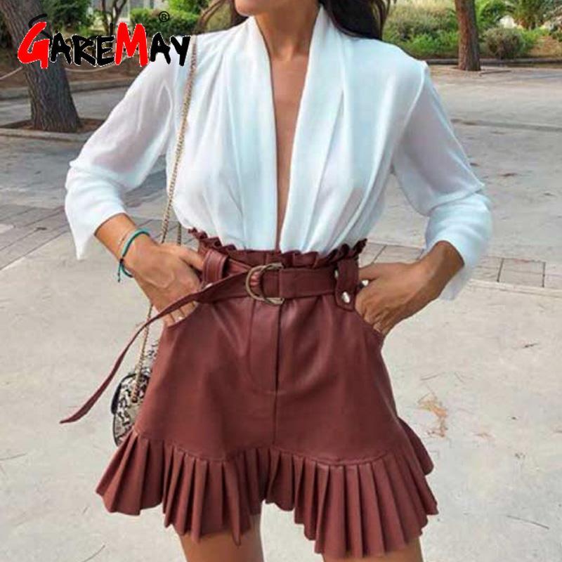 PU Leather Skirts for Women Autumn Winter Mini Skirt Female Pleated Ruffles Belt Black Red High Waist Fashion 210428