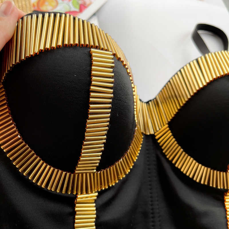 DEAT Women Rivet Black Open Navel Strapless Camis Sexy Slim Diomond Decoration Fashion Spring Summer 11B5 210709
