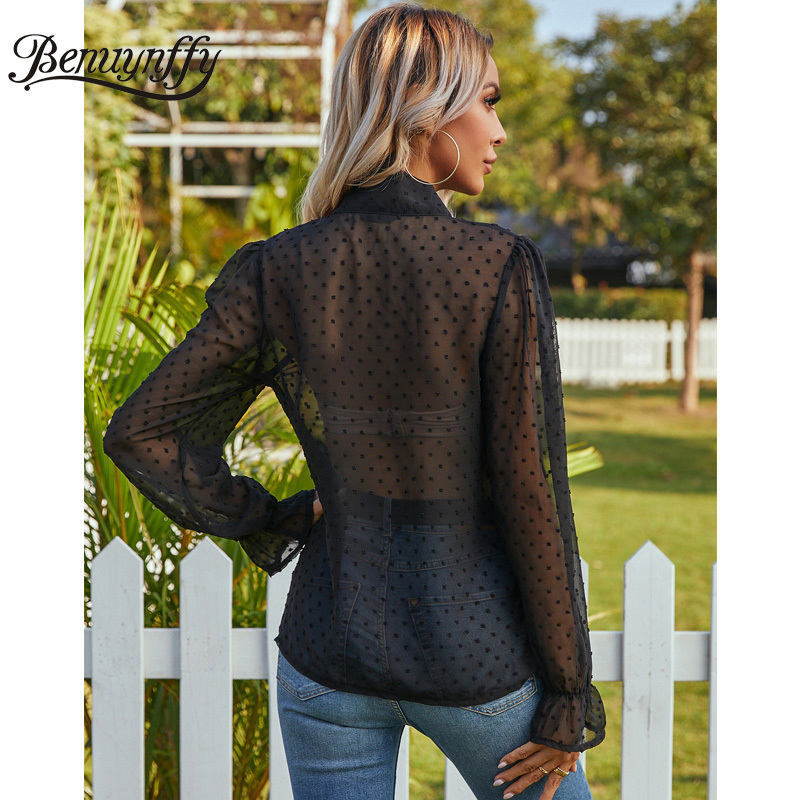 Bow Tie Neck Swiss Dot See Through Tops Blouses Women Spring Summer Black Long Sleeve Ladies Elegant Blouse 210510