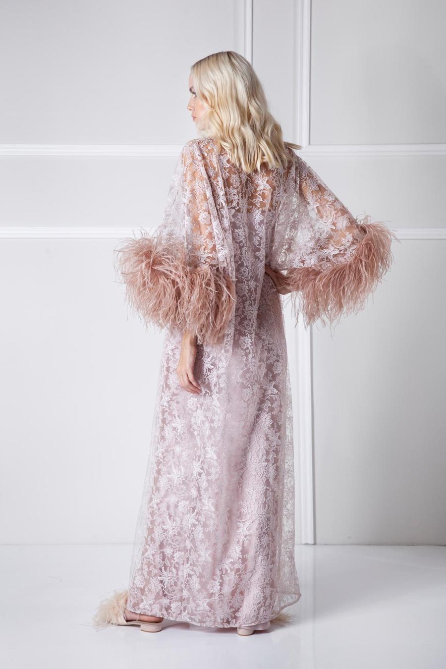 Women Autumn Sleepwear Ostrich Feather Bridal Long Sleeve Lace Wraps Formal Evening Party Robes Photo Shoot Pajama Sets 2 Pieces
