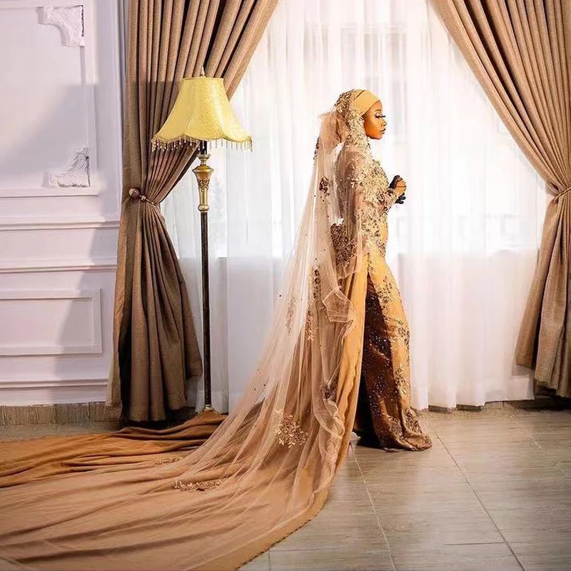 Champagne Detachable Train Africa Wedding Gowns Full Sleeve Pearls Vestido De Noiva Satin Mermaid Second Bridal Dresses